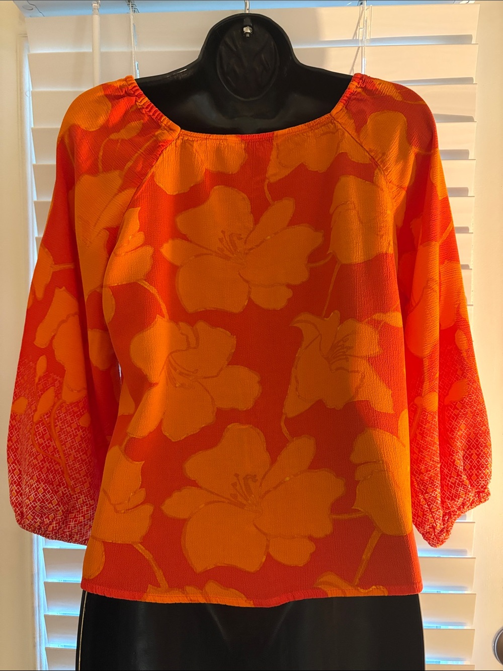 Liverpool Orange Floral Beach Resort BOHO Puff Sleeve Scoop-Neck Blouse SZ S - Picture 2 of 6